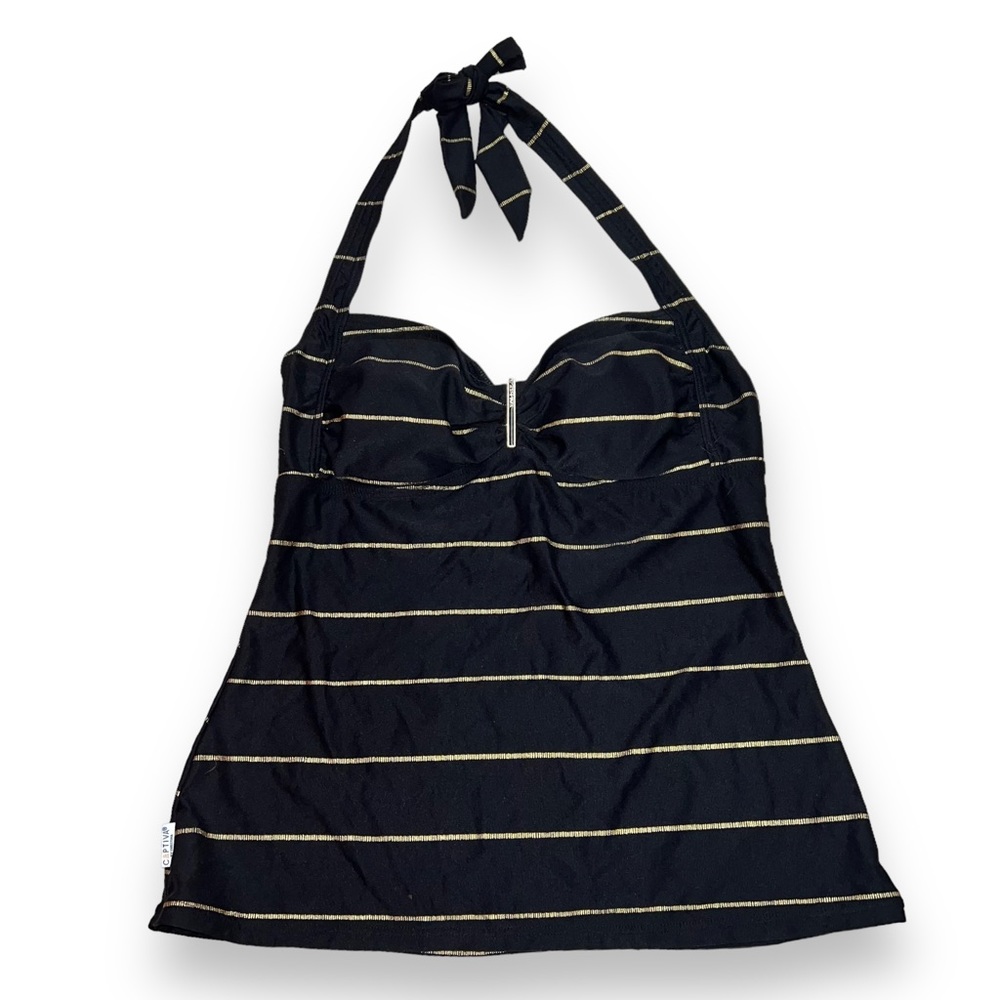 Captiva by Christina Women's Black Gold Stripe Halter Tankini Bikini Top Size M